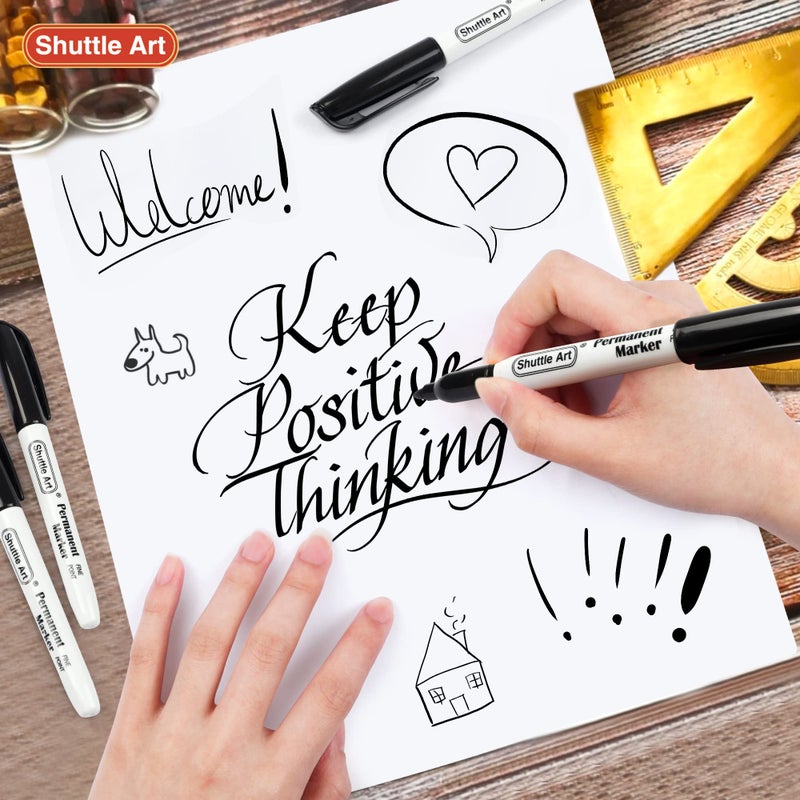 Shuttle Art أقلام ماركر دائمة من شاتل آرت، مجموعة 50 قلم ماركر أسود، نقطة رفيعة، تعمل على البلاستيك، الخشب، الحجر، المعدن والزجاج للرسم، التحديد - Image 5